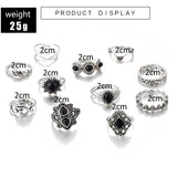 10 Style Black Opal Stone Crown Flower Elephant Crescent Ring Set