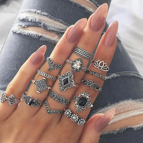 15 Pcs Bohemian Retro Rings Set For Women Crystal Flower Leaves