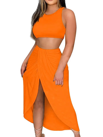 LW Crop Top Wrap Skirt Set  Sleeveless Solid Color Round Neck