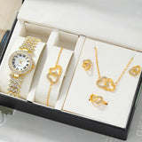 6pc Dainty Quartz Watch With Heart Jewelry Set For Women