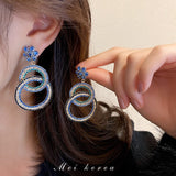 Exaggerated Blue Rhinestone Crystal Geometric Flower Long Tassel Earrings