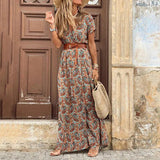 Bohemian Print Dress Women Elegant V Neck Short Sleeve Belt