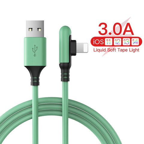 3A 90 Degree USB Data Cable 0.3/1.2/1.8m 8Pin For iPhone Charger Kable Liquid Silicone Fast Charging Cord For iPhone 14 13 12 11