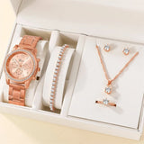 6PCS Set  Watch Women Ring Necklace Earring Rhinestone