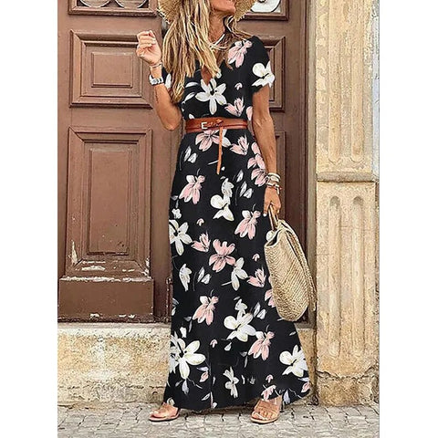 Bohemian Print Dress Women Elegant V Neck Short Sleeve Belt