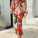 Maxi Dress Lapel Leaf Print