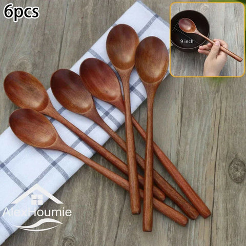 6 Piece Wooden Spoon Bamboo Kitchen Korean Style 9 '' Inch Natural Wood Soup Tableware Cooking Honey Coffee Spoon Mixing Spoon