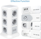 TESSAN Tower Power Strip with 11 Outlets +3 USB Ports, 2M Extension Cable, EU Plug Vertical Electric Socket Overload Protection