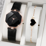 2PCS/Set Fashion Rhinestone Women Watches Heart Bracelet Set Casual Leather Quartz Wrist Watch