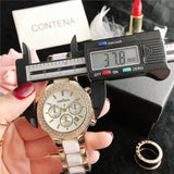 CONTENA Brand Women's Watch Luxury Crystal Gold White Quartz Wristwatch for Women Fashion Elegant Female Clock Relogio Feminino