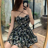 Fashion Flower Print Mesh Slip Dress Summer Spaghetti Strap Midi Dress