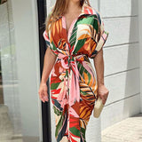 Maxi Dress Lapel Leaf Print