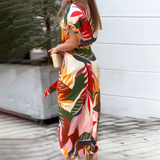 Maxi Dress Lapel Leaf Print