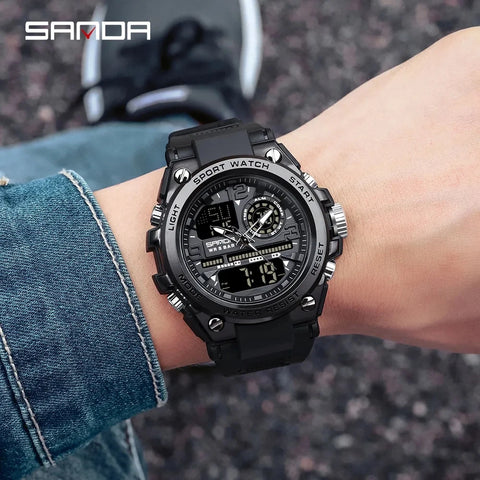 SANDA  Sports Watch Dual Display Digital Silicone Strap