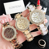 CONTENA Brand Women's Watch Luxury Crystal Gold White Quartz Wristwatch for Women Fashion Elegant Female Clock Relogio Feminino