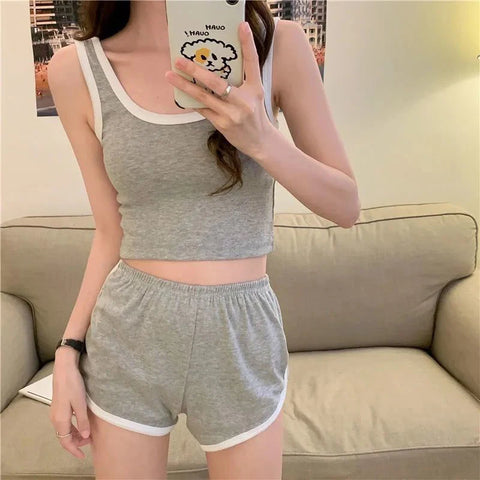 Colorblock Sleeveless Crop Top U-neck Fitness Yoga Short Suit Tank Top