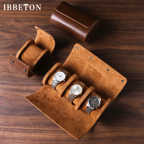 IBBETON 3-Slot Watch Roll Travel Case Portable Vintage Leather Organizer