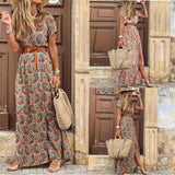 Bohemian Print Dress Women Elegant V Neck Short Sleeve Belt