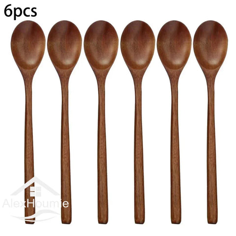 6 Piece Wooden Spoon Bamboo Kitchen Korean Style 9 '' Inch Natural Wood Soup Tableware Cooking Honey Coffee Spoon Mixing Spoon