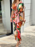 Maxi Dress Lapel Leaf Print