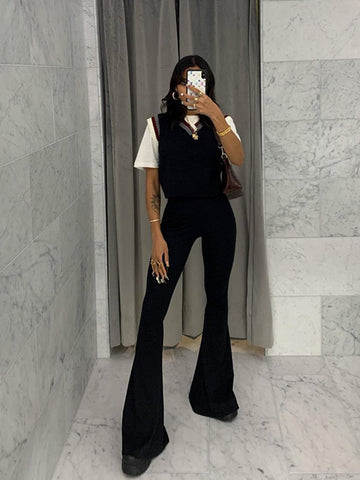 Solid Black Woman Pants Slim