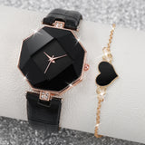 2PCS/Set Fashion Rhinestone Women Watches Heart Bracelet Set Casual Leather Quartz Wrist Watch