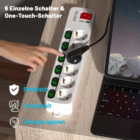 6 Way Power Strip with Individual Switch, 2M Cable Electric Extension Lead with USB&TYPE C