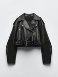 Ailegogo Women Vintage Loose Pu Faux Leather Short Jacket