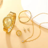 6PCS Set  Watch Women Ring Necklace Earring Rhinestone