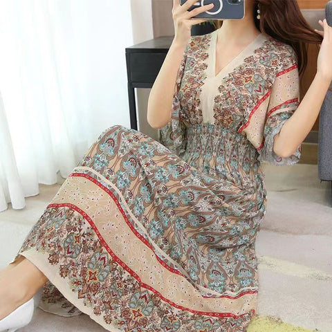 Casual Elegant Retro Style V-neck Tunic Large Swing Dress