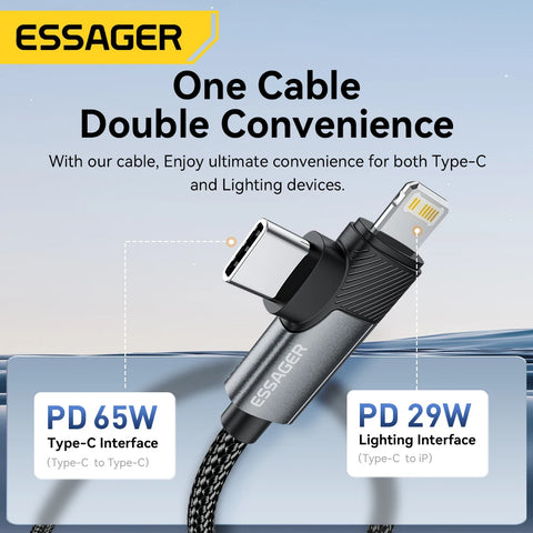 Essager 2 in 1  Cable 65W PD Fast Charging Wire Type C To Lightning Cable For iPhone