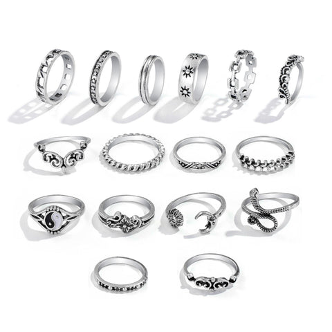 16Pcs Fashion Punk Gothic Butterfly Snake Chain Ring Set for Women