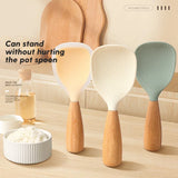 1Pc Silicone Wooden Handle Rice Spoon High Temperature Resistant Non Stick