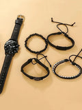 5pcs Fashionable Trend Business Casual MEN'S Belt Quartz Watch with PU Woven Bracelet Set