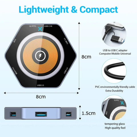 6 IN 1 HUB 7 Ports Support 15W Fast Wireless Charging USB3.0 USB2.0 QC3.0 Super Charge