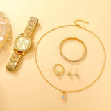 6PCS Set  Watch Women Ring Necklace Earring Rhinestone