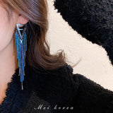 Exaggerated Blue Rhinestone Crystal Geometric Flower Long Tassel Earrings