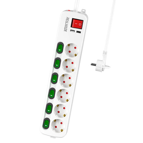 6 Way Power Strip with Individual Switch, 2M Cable Electric Extension Lead with USB&TYPE C