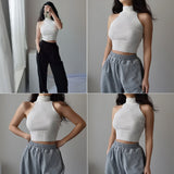 Women Ribbed Halter Tank Tops Adults Sleeveless Solid Color Round Neck Knit Crop Tops