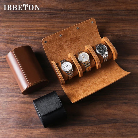 IBBETON 3-Slot Watch Roll Travel Case Portable Vintage Leather Organizer