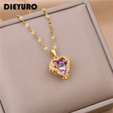 DIEYURO 316L Stainless Steel Beautiful Love Heart Amethyst Gold Pendant