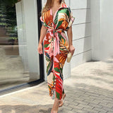 Maxi Dress Lapel Leaf Print