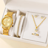 6PCS Set Luxury Watch Women Ring Necklace Earring Rhinestone Fashion