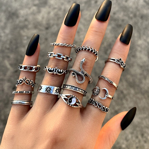 16Pcs Fashion Punk Gothic Butterfly Snake Chain Ring Set for Women